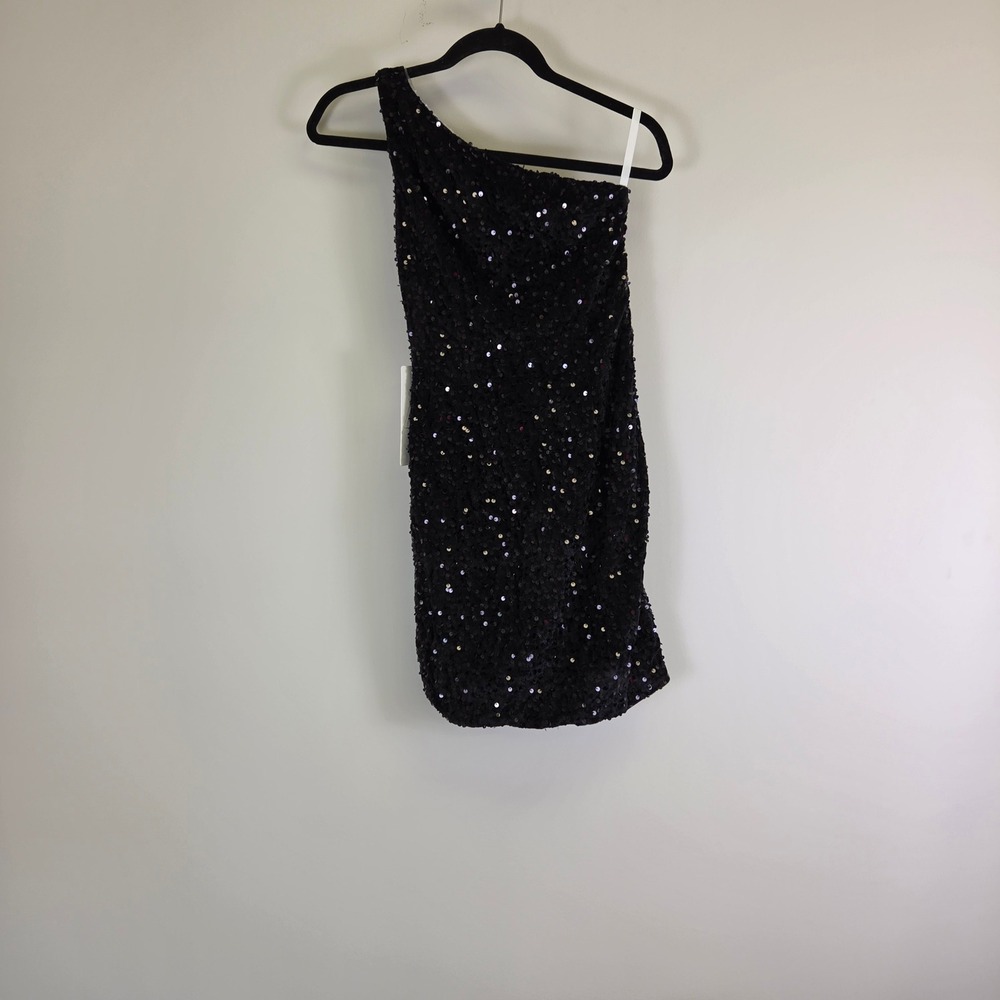 Wear Your Love Black Sequin One Shoulder Mini Dress Strappy Back Size S NEW